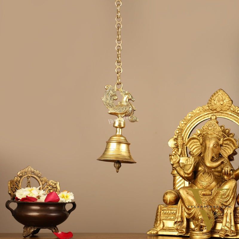Superfine Brass Hanging Peacock Temple Bell - 7.5 Inch with 20-Inch Chain