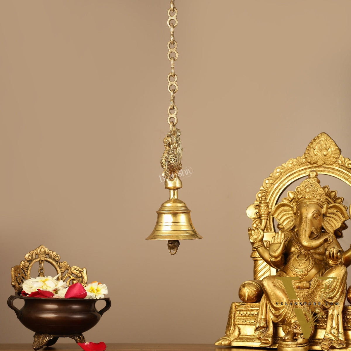 Superfine Brass Hanging Peacock Temple Bell - 7.5 Inch with 20-Inch Chain