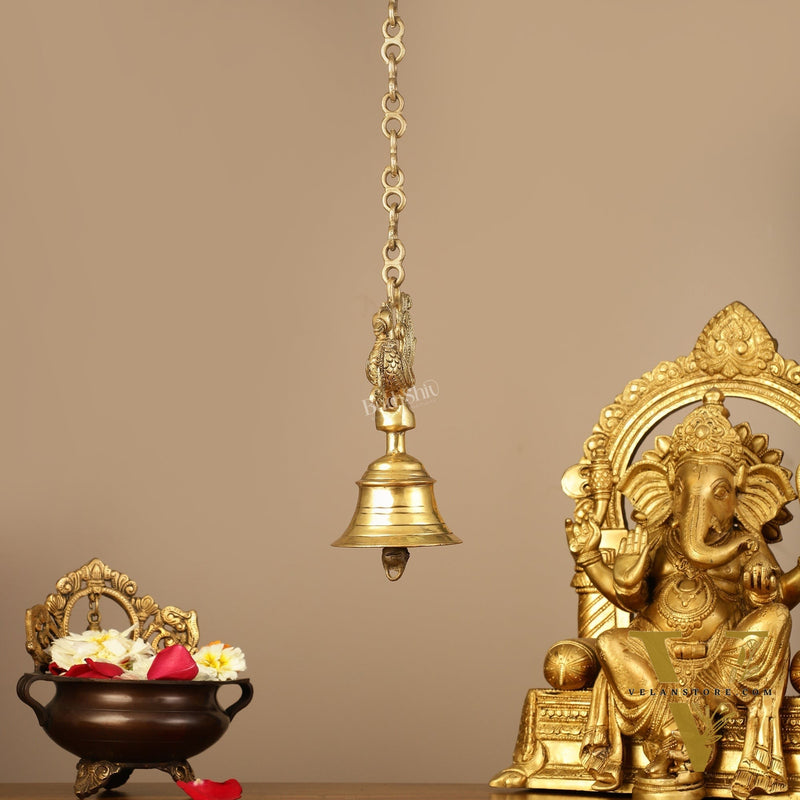 Superfine Brass Hanging Peacock Temple Bell - 7.5 Inch with 20-Inch Chain