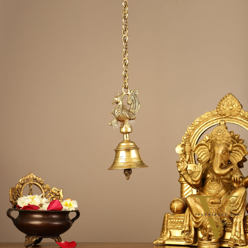Superfine Brass Hanging Peacock Temple Bell - 7.5 Inch with 20-Inch Chain