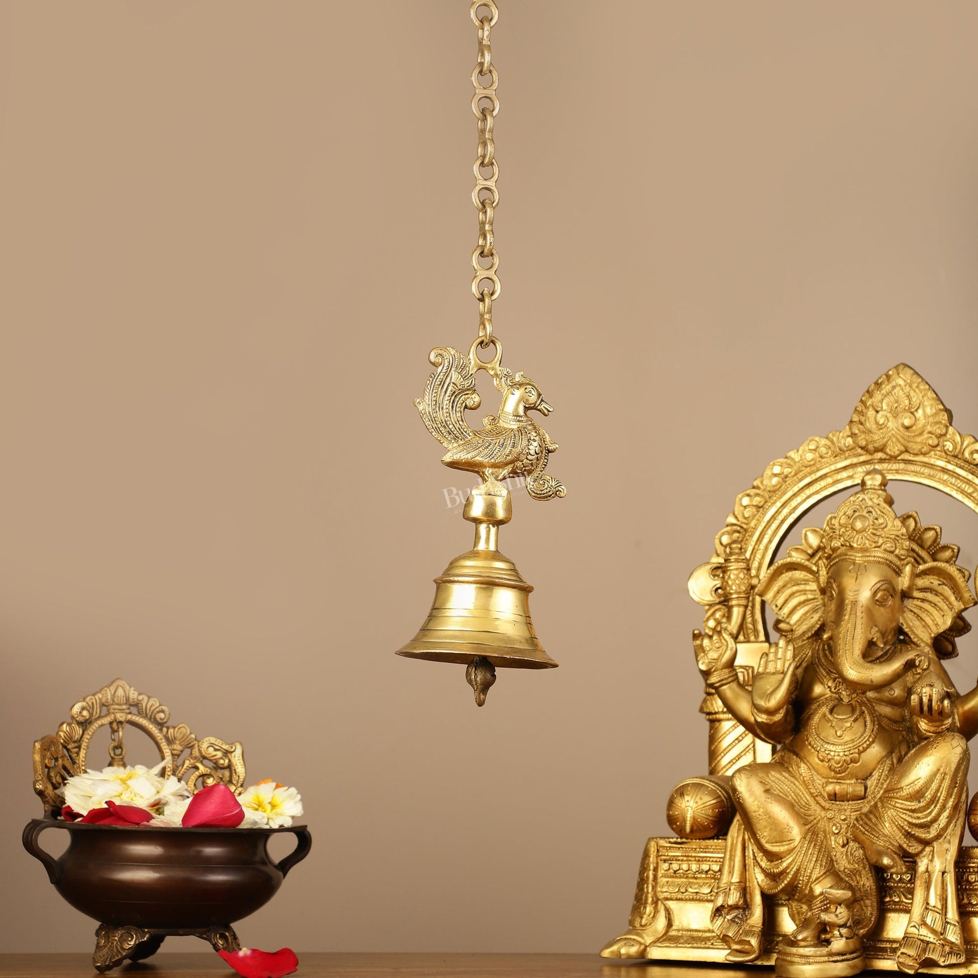 Superfine Brass Hanging Peacock Temple Bell - 7.5 Inch with 20-Inch Chain