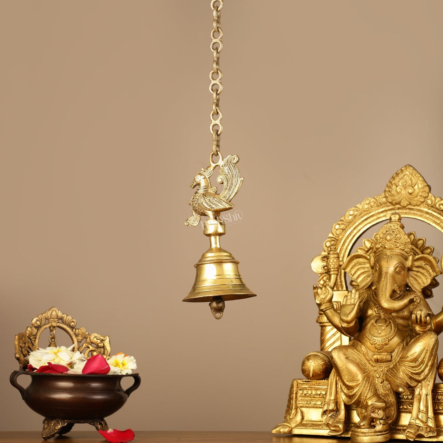 Superfine Brass Hanging Peacock Temple Bell - 7.5 Inch with 20-Inch Chain