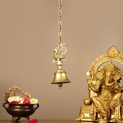 Superfine Brass Hanging Peacock Temple Bell - 7.5 Inch with 20-Inch Chain