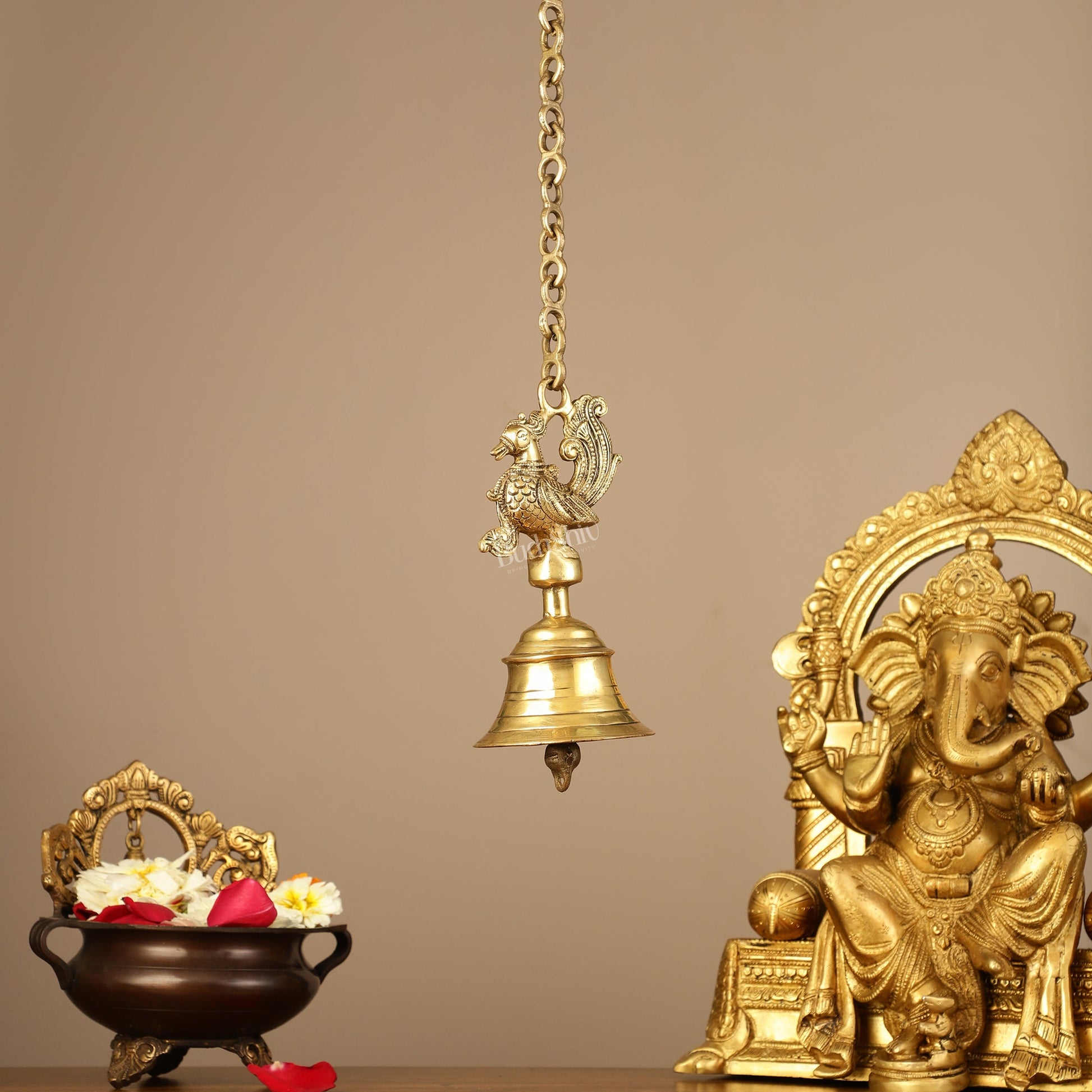 Superfine Brass Hanging Peacock Temple Bell - 7.5 Inch with 20-Inch Chain