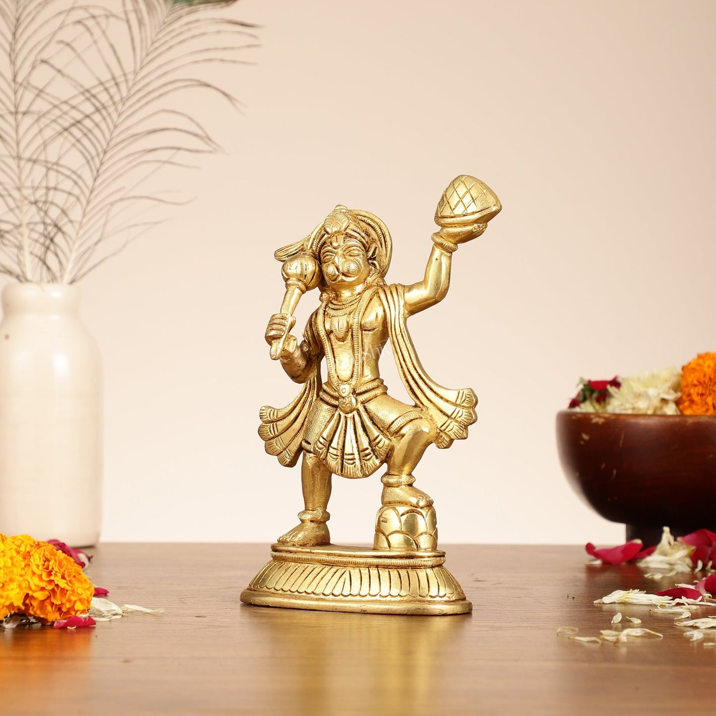 Superfine Brass Hanuman Idol | Carrying Sanjeevani Mountain | 7.5"