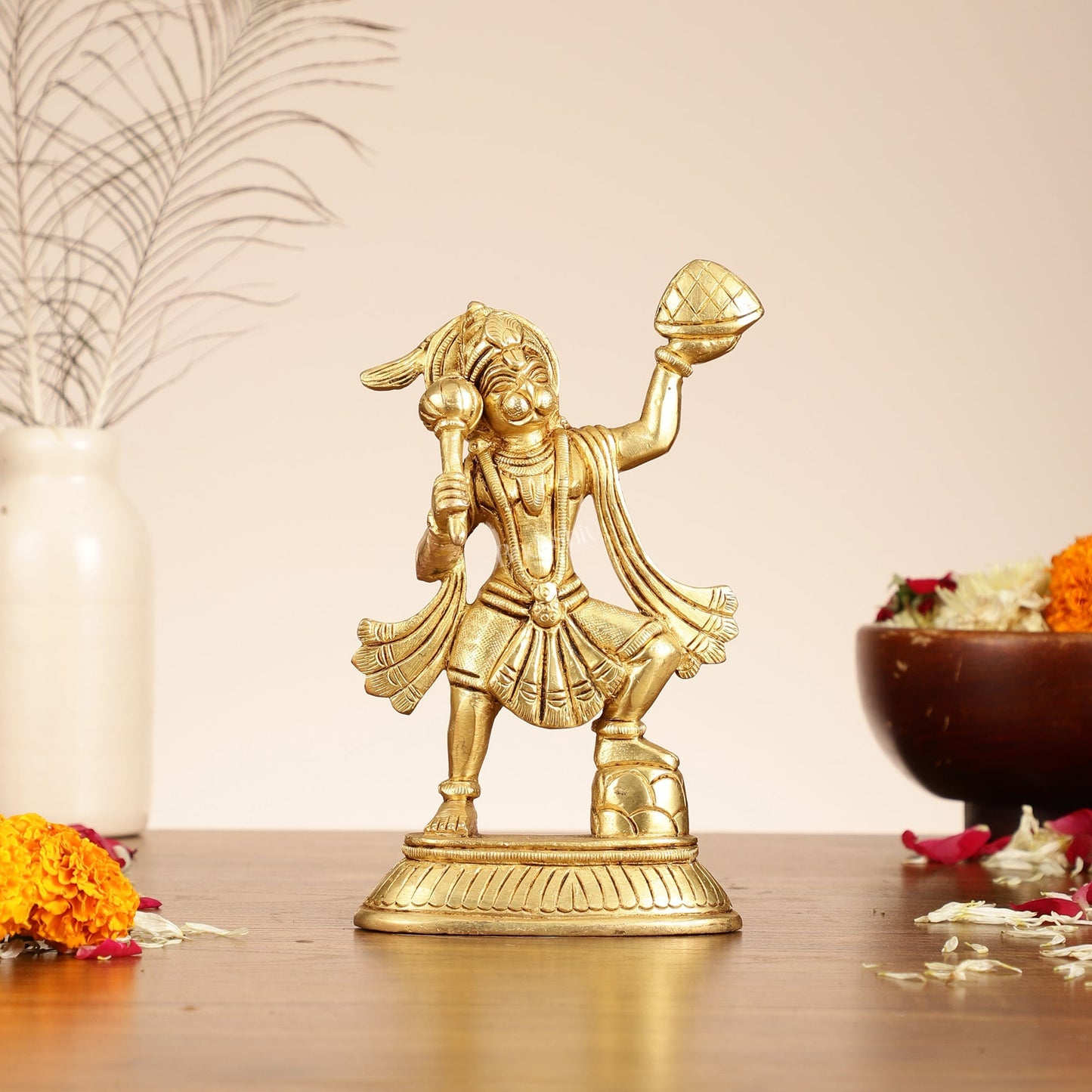 Superfine Brass Hanuman Idol | Carrying Sanjeevani Mountain | 7.5"