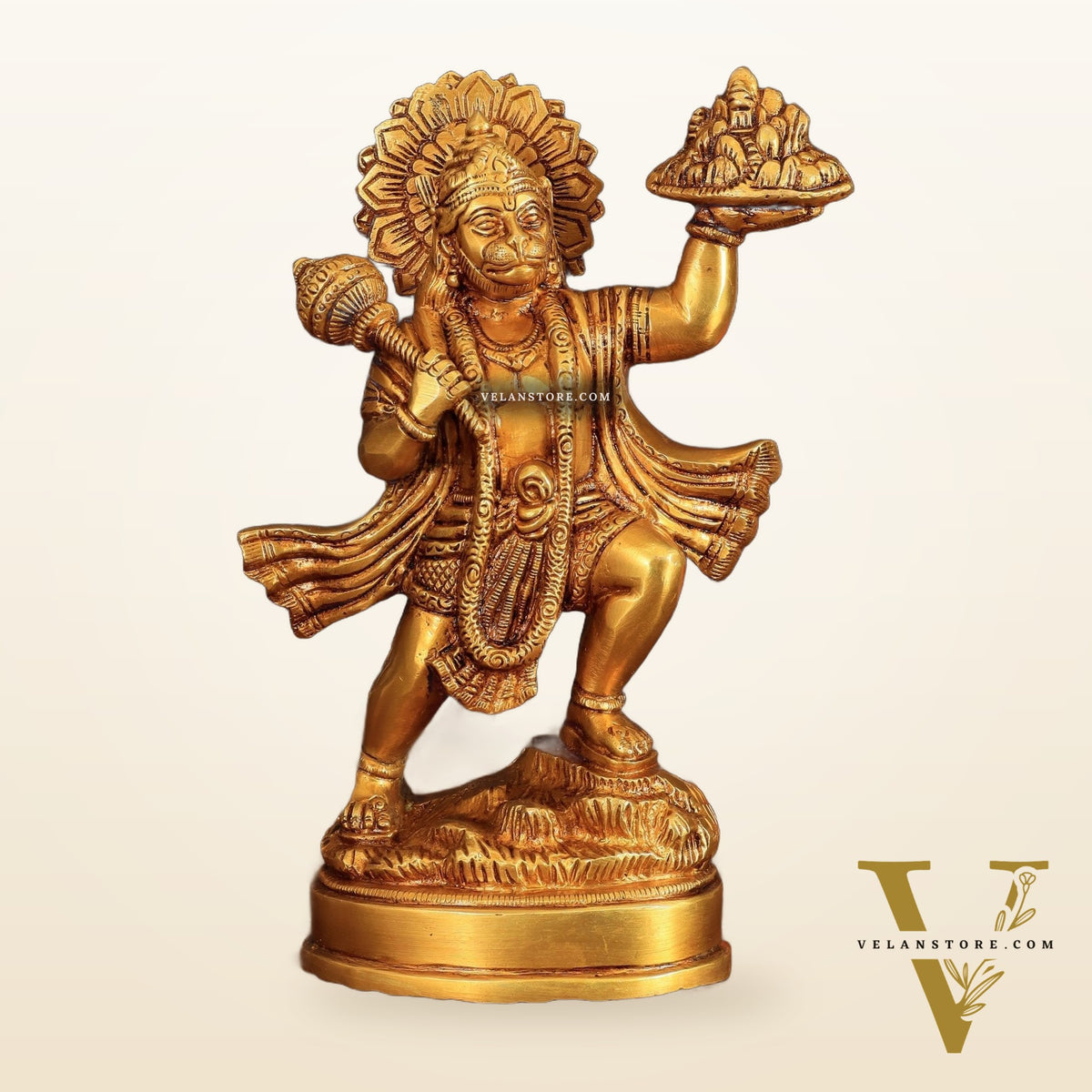 Superfine Brass Idol of Lord Hanuman with Sanjeevani Mountain 10 inch