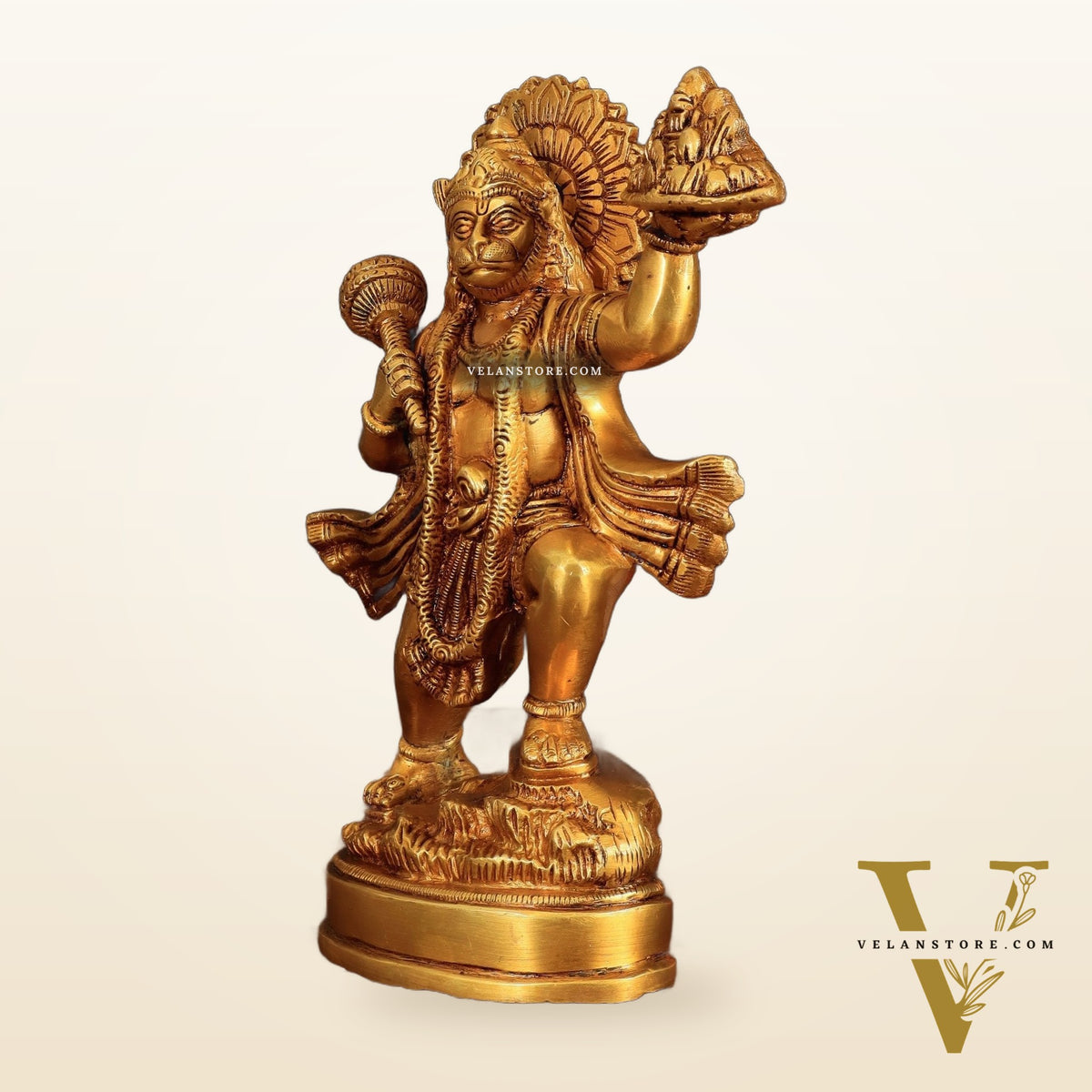 Superfine Brass Idol of Lord Hanuman with Sanjeevani Mountain 10 inch
