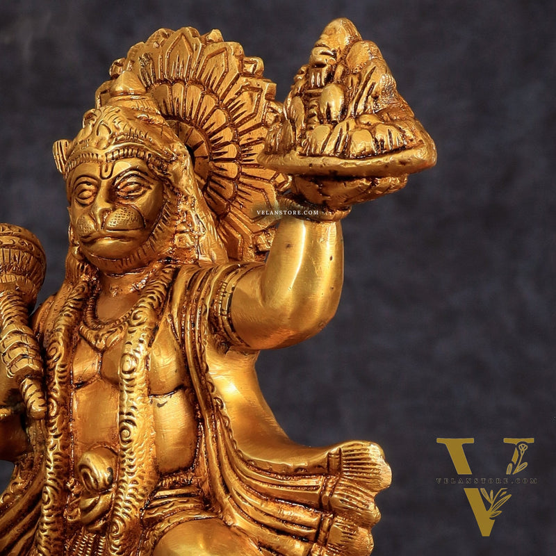 Superfine Brass Idol of Lord Hanuman with Sanjeevani Mountain 10 inch