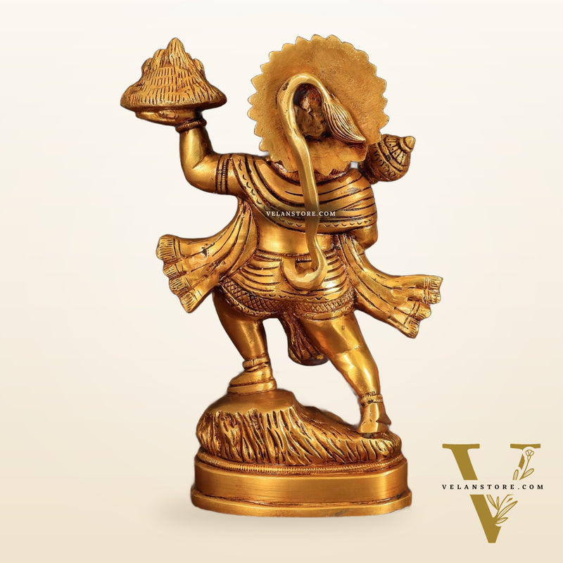 Superfine Brass Idol of Lord Hanuman with Sanjeevani Mountain 10 inch