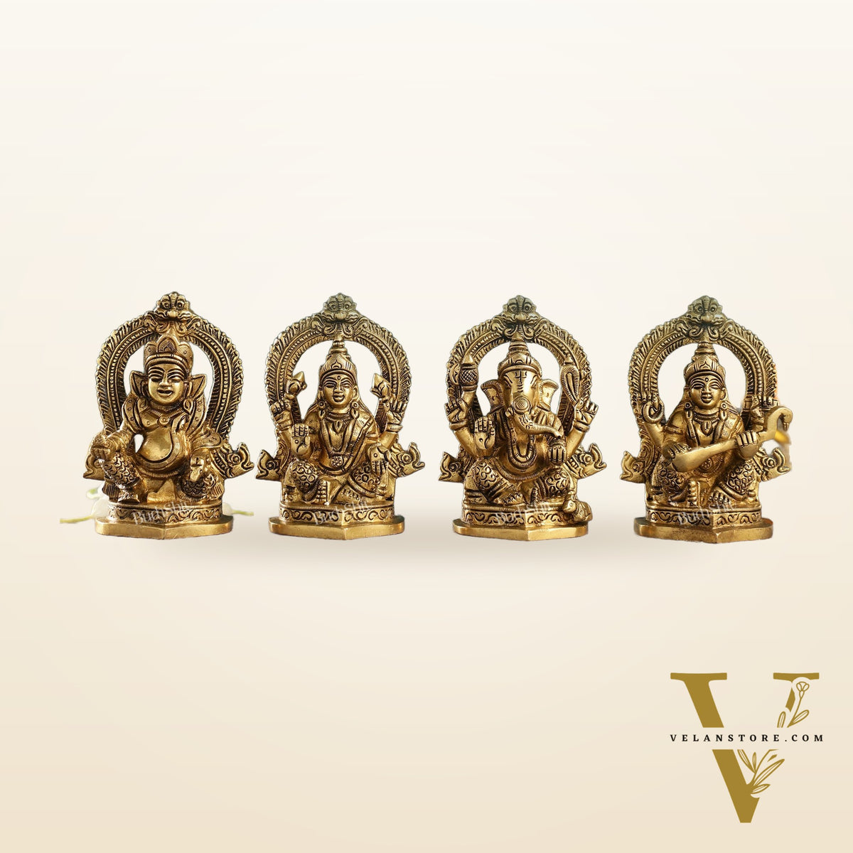 Superfine Brass Idols Set - Ganesha, Kubera, Lakshmi, Saraswati | 4.5" Height | Pooja Temple Decor