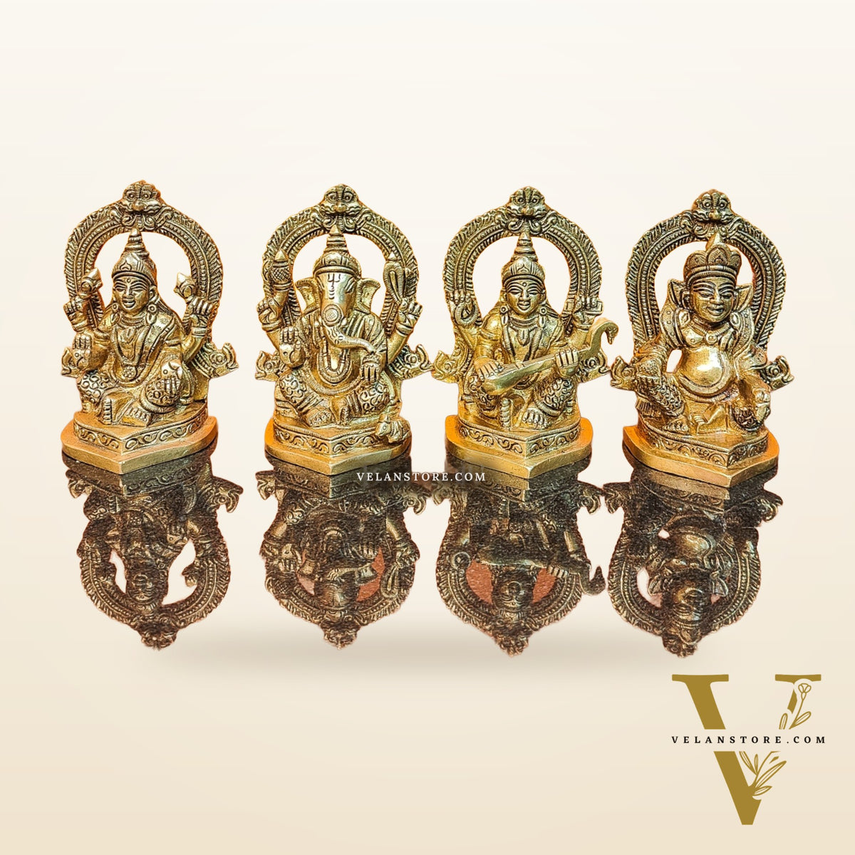 Superfine Brass Idols Set - Ganesha, Kubera, Lakshmi, Saraswati | 4.5" Height | Pooja Temple Decor