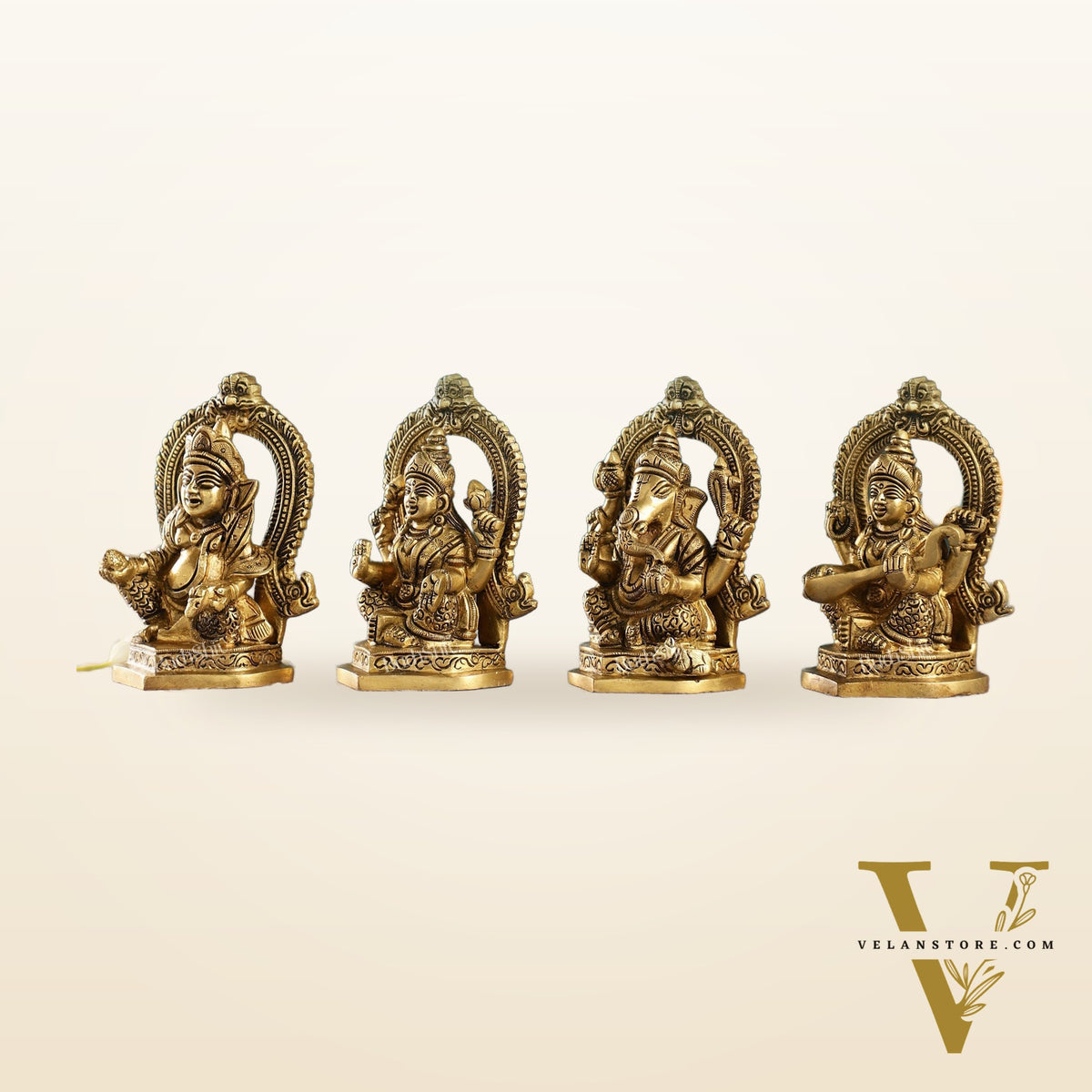 Superfine Brass Idols Set - Ganesha, Kubera, Lakshmi, Saraswati | 4.5" Height | Pooja Temple Decor