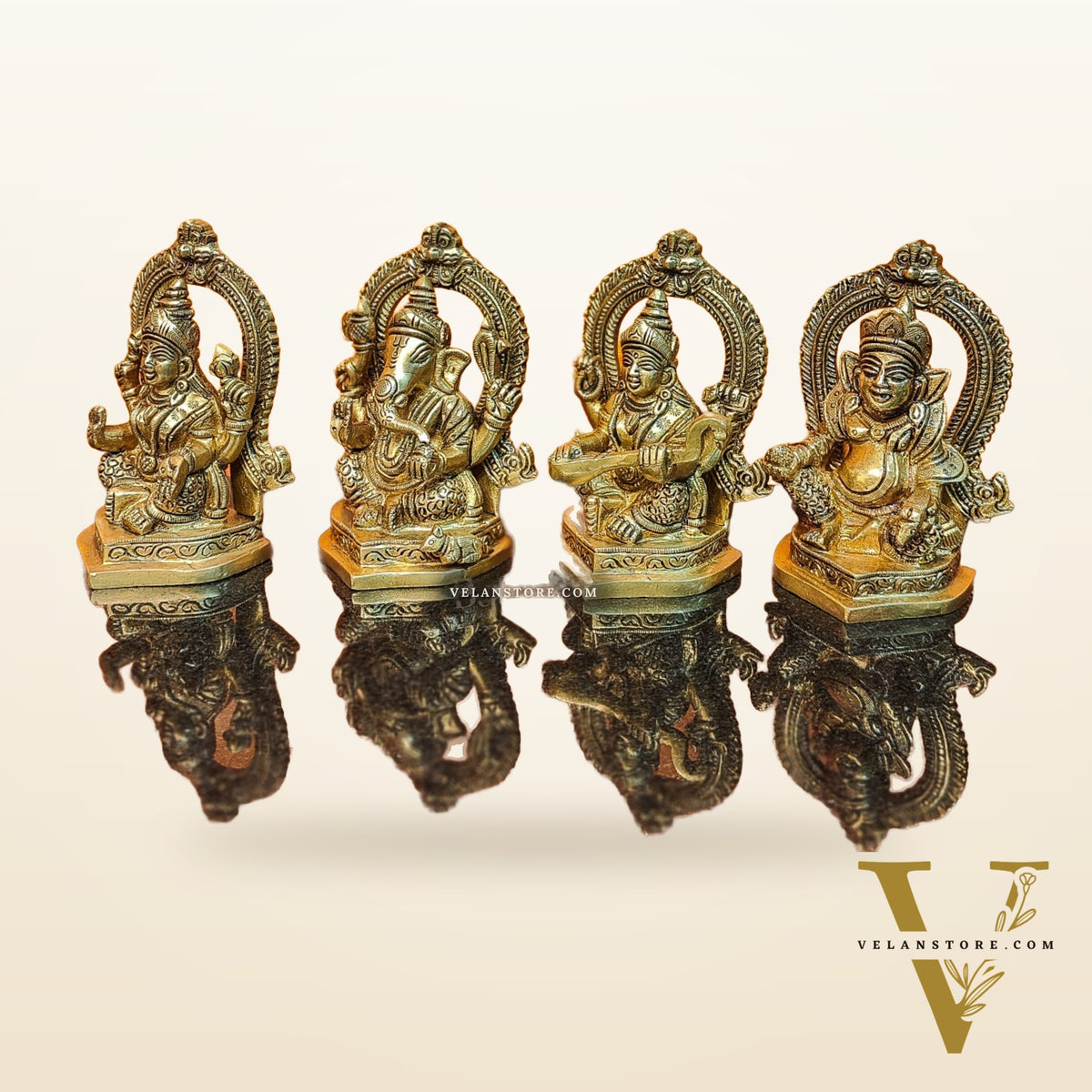 Superfine Brass Idols Set - Ganesha, Kubera, Lakshmi, Saraswati | 4.5" Height | Pooja Temple Decor