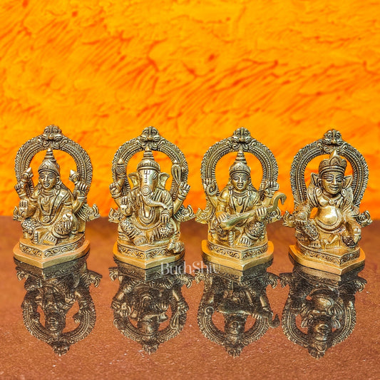 Superfine Brass Idols Set - Ganesha, Kubera, Lakshmi, Saraswati | 4.5" Height | Pooja Temple Decor