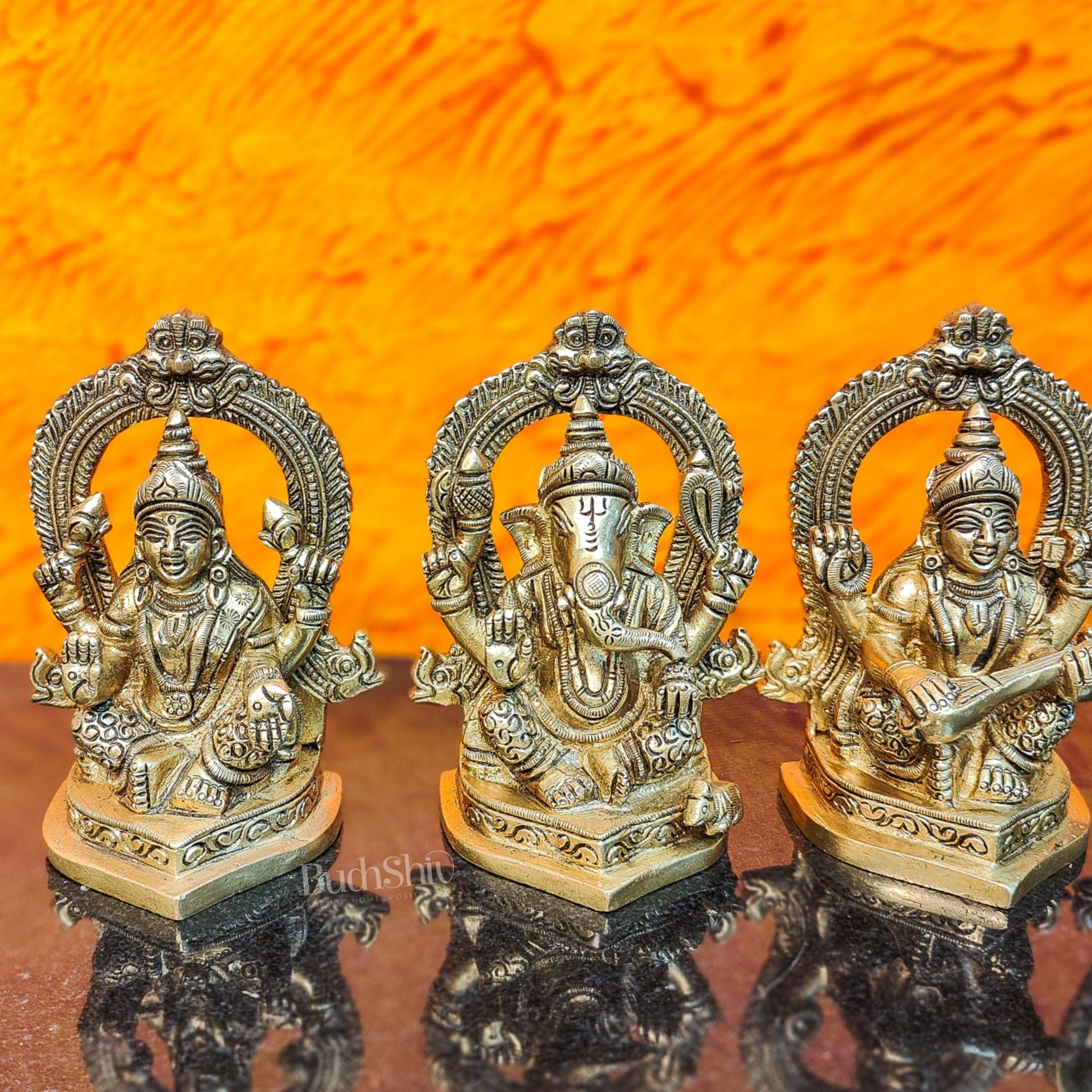 Superfine Brass Idols Set - Ganesha, Kubera, Lakshmi, Saraswati | 4.5" Height | Pooja Temple Decor