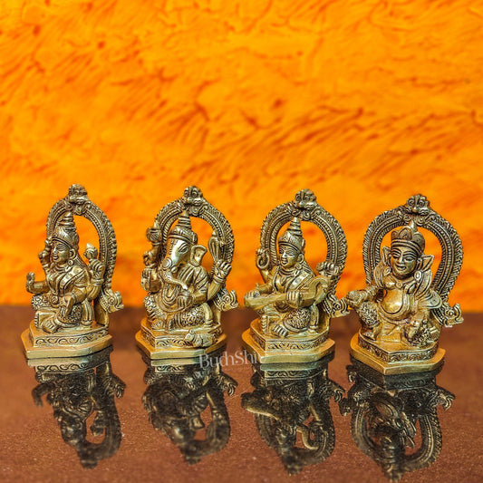 Superfine Brass Idols Set - Ganesha, Kubera, Lakshmi, Saraswati | 4.5" Height | Pooja Temple Decor