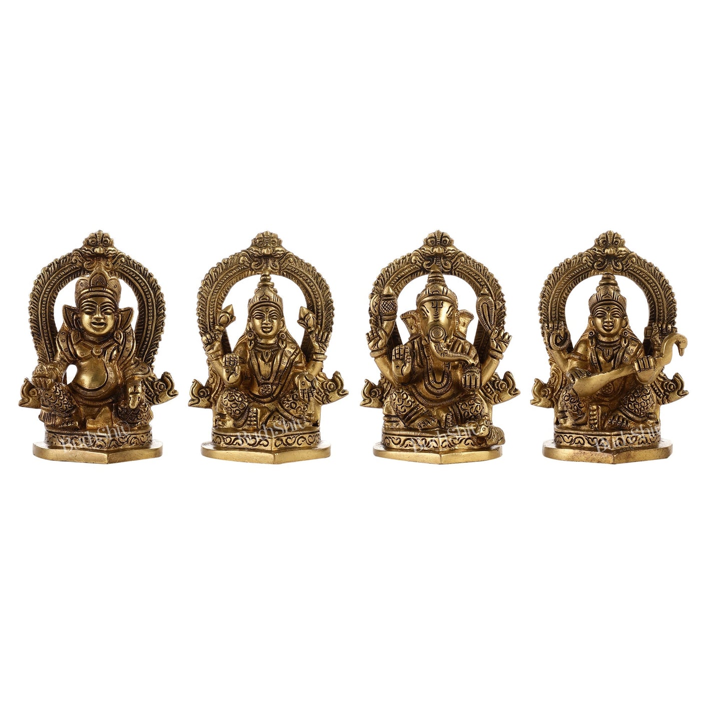 Superfine Brass Idols Set - Ganesha, Kubera, Lakshmi, Saraswati | 4.5" Height | Pooja Temple Decor