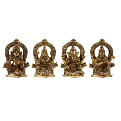 Superfine Brass Idols Set - Ganesha, Kubera, Lakshmi, Saraswati | 4.5" Height | Pooja Temple Decor