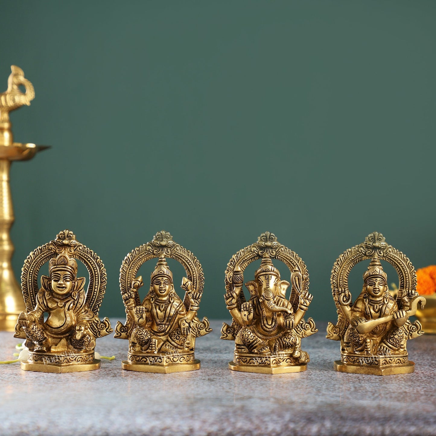 Superfine Brass Idols Set - Ganesha, Kubera, Lakshmi, Saraswati | 4.5" Height | Pooja Temple Decor