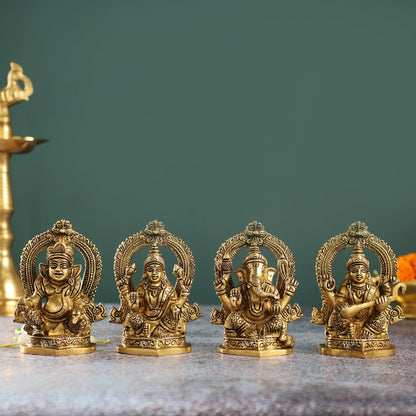 Superfine Brass Idols Set - Ganesha, Kubera, Lakshmi, Saraswati | 4.5" Height | Pooja Temple Decor