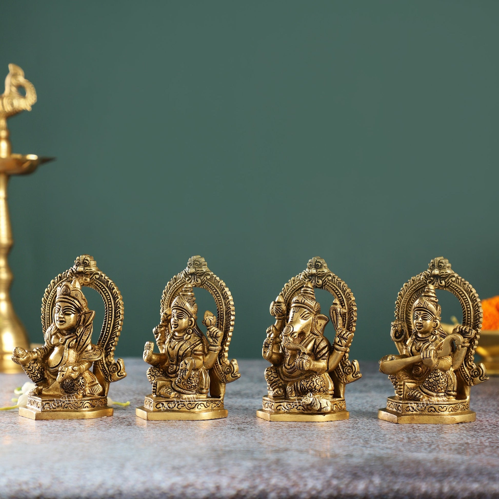 Superfine Brass Idols Set - Ganesha, Kubera, Lakshmi, Saraswati | 4.5" Height | Pooja Temple Decor