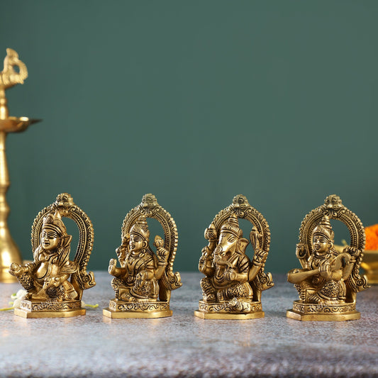 Superfine Brass Idols Set - Ganesha, Kubera, Lakshmi, Saraswati | 4.5" Height | Pooja Temple Decor