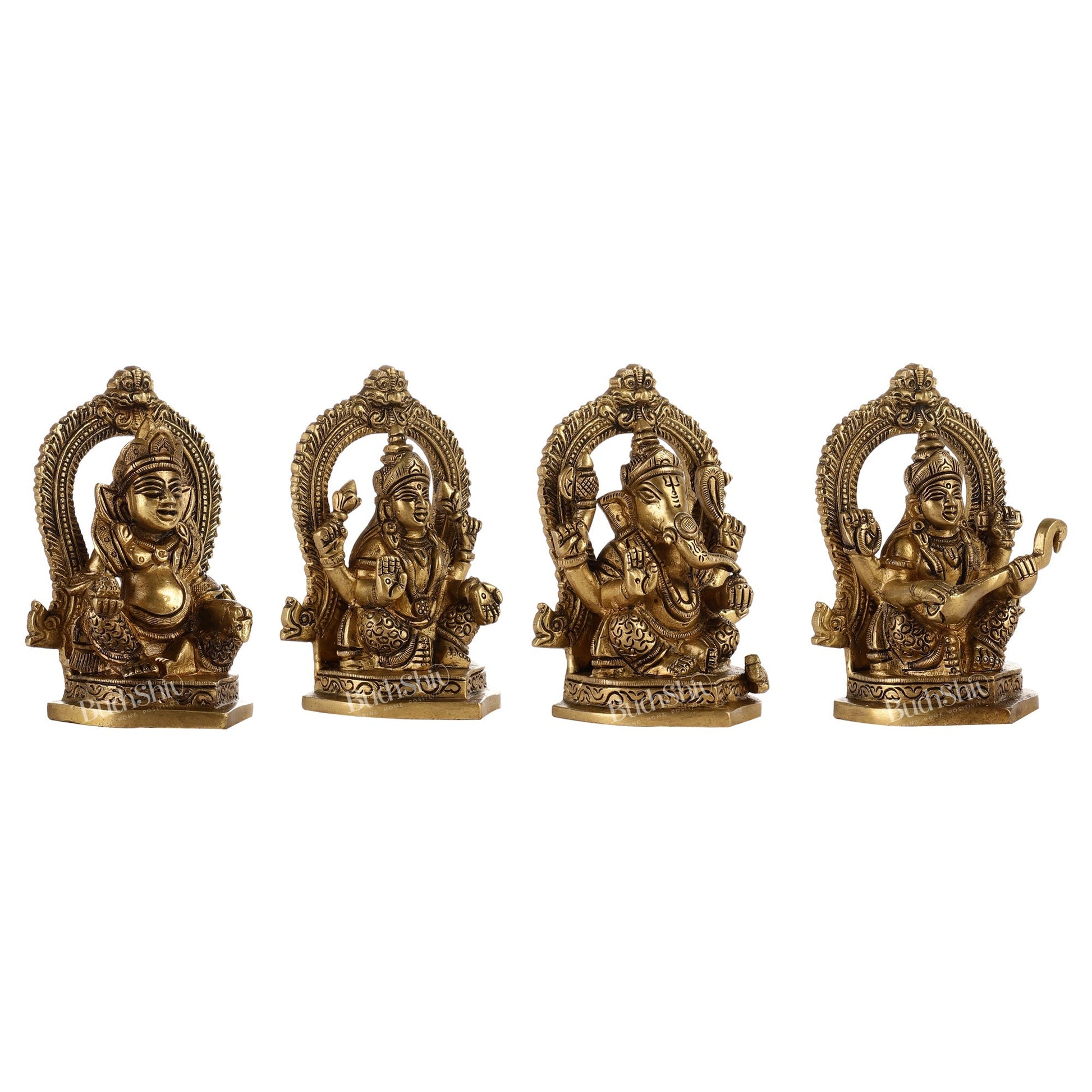 Superfine Brass Idols Set - Ganesha, Kubera, Lakshmi, Saraswati | 4.5" Height | Pooja Temple Decor