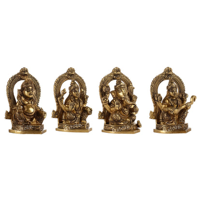 Superfine Brass Idols Set - Ganesha, Kubera, Lakshmi, Saraswati | 4.5" Height | Pooja Temple Decor