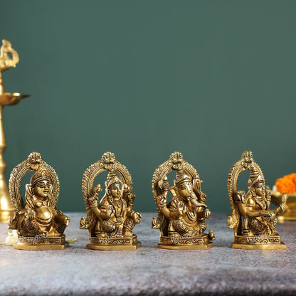 Superfine Brass Idols Set - Ganesha, Kubera, Lakshmi, Saraswati | 4.5" Height | Pooja Temple Decor
