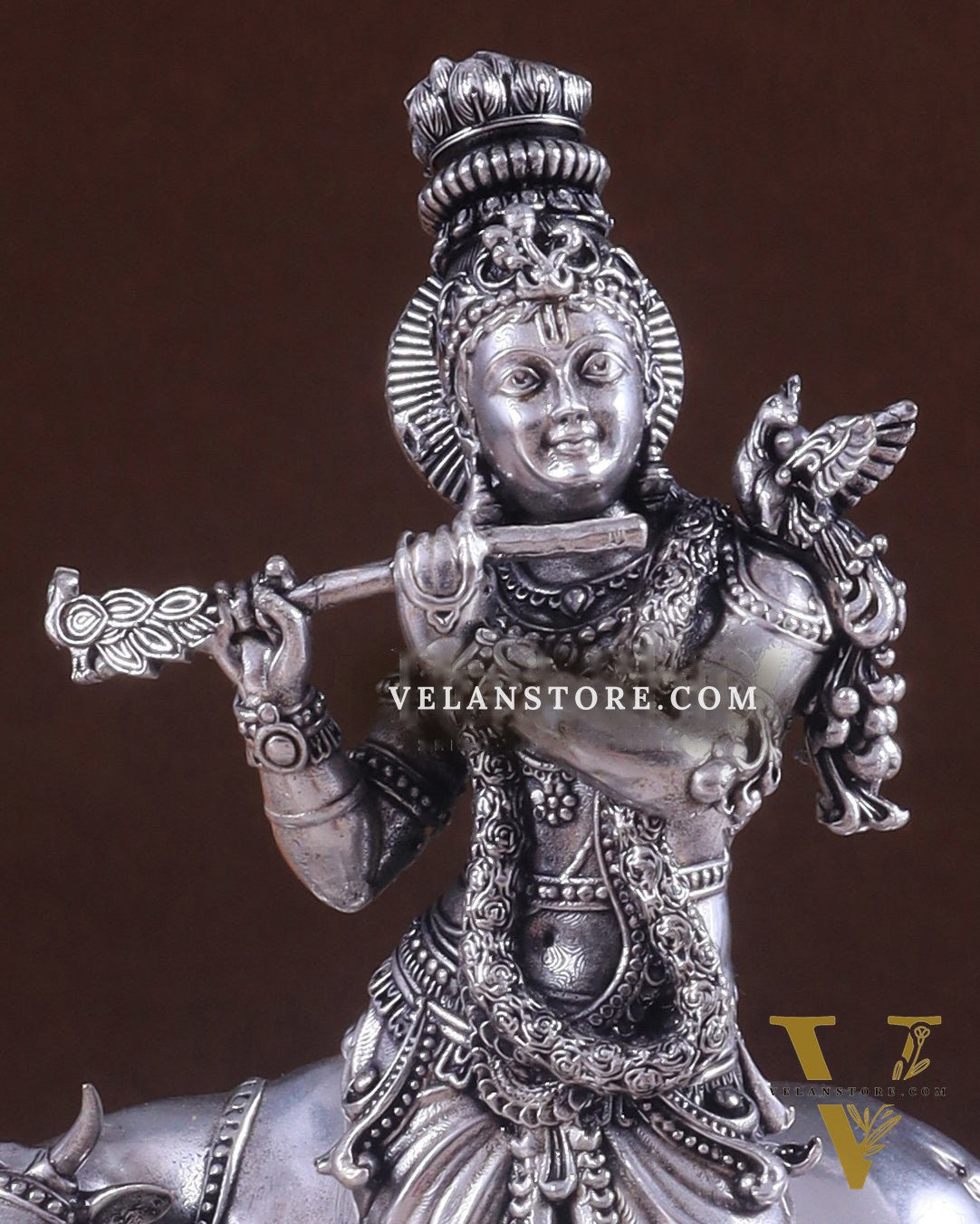 Superfine Brass Intricate Krishna with Cow idol - 7" silver plated
