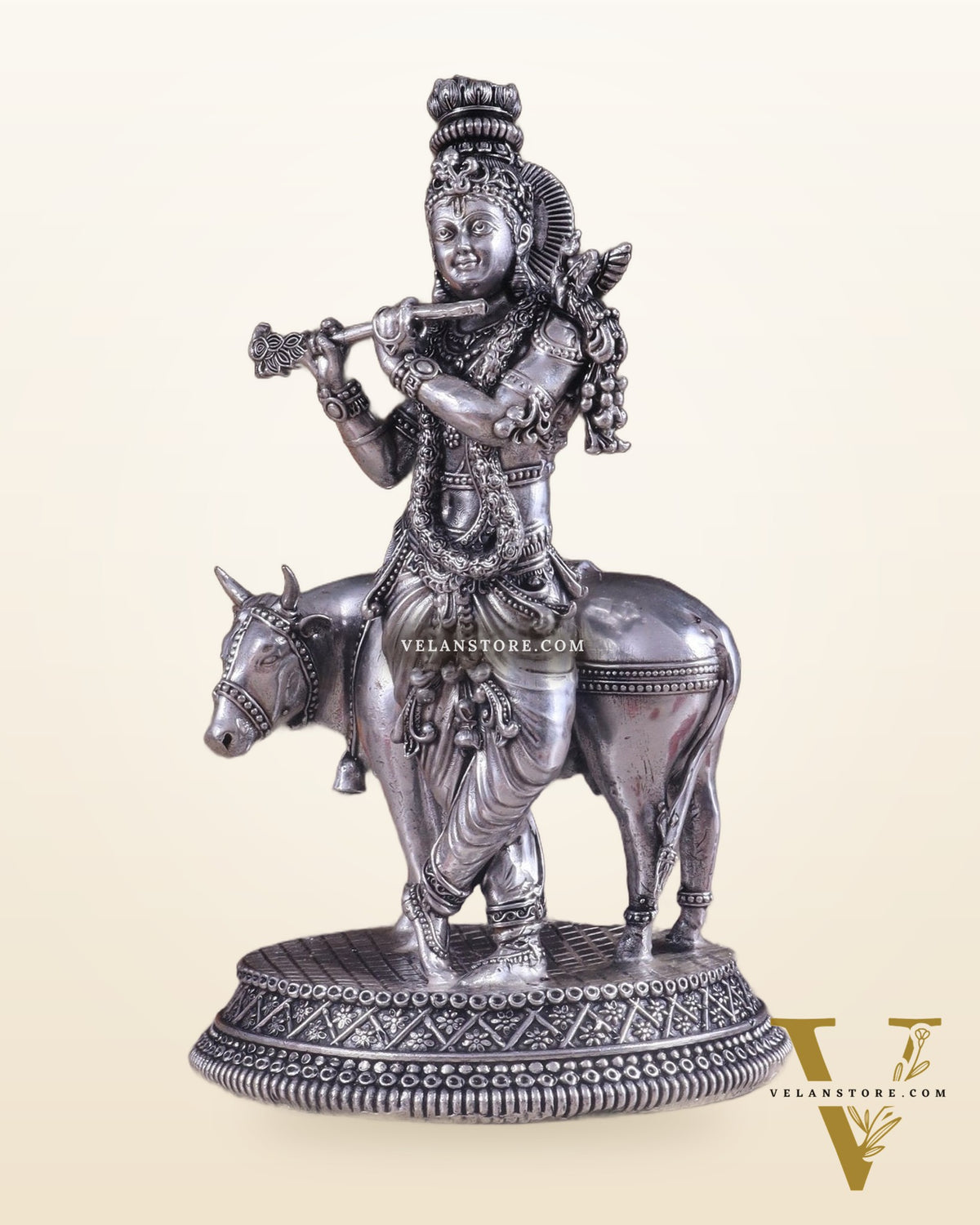 Superfine Brass Intricate Krishna with Cow idol - 7" silver plated