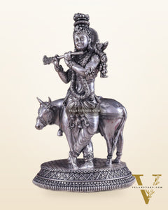 Superfine Brass Intricate Krishna with Cow idol - 7" silver plated