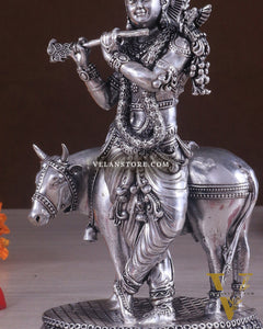 Superfine Brass Intricate Krishna with Cow idol - 7" silver plated
