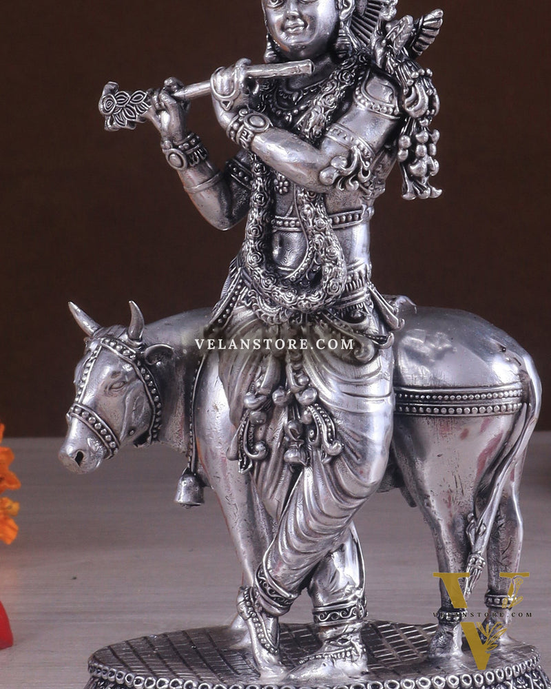 Superfine Brass Intricate Krishna with Cow idol - 7" silver plated