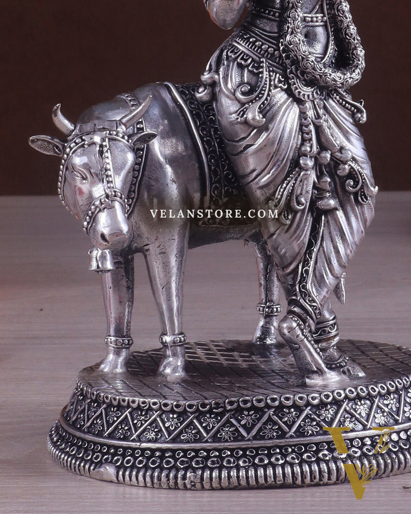 Superfine Brass Intricate Krishna with Cow idol - 7" silver plated