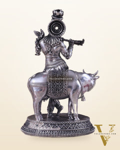 Superfine Brass Intricate Krishna with Cow idol - 7" silver plated