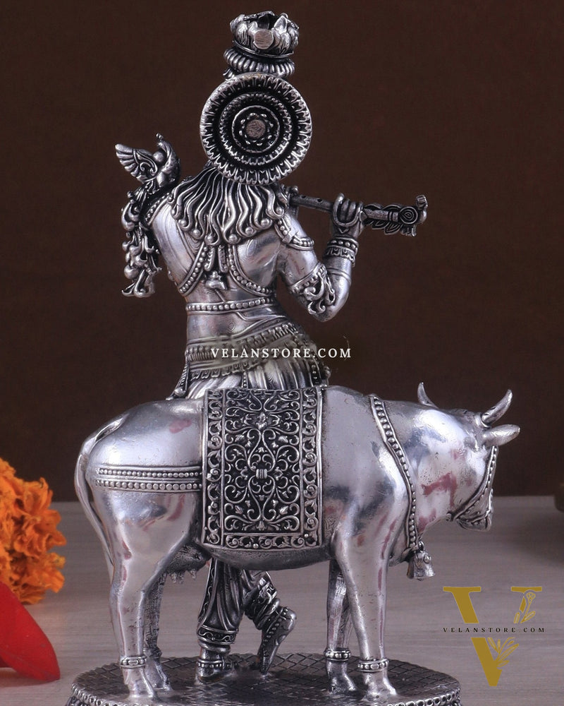 Superfine Brass Intricate Krishna with Cow idol - 7" silver plated