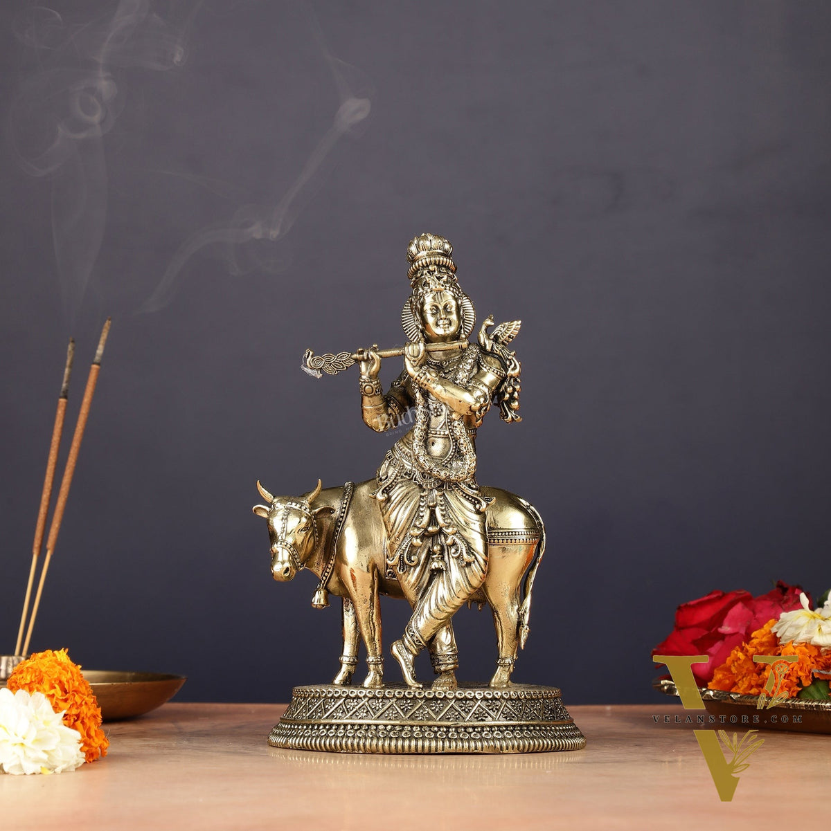 Superfine Brass Intricate Krishna with Cow idol - 7"