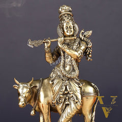 Superfine Brass Intricate Krishna with Cow idol - 7"
