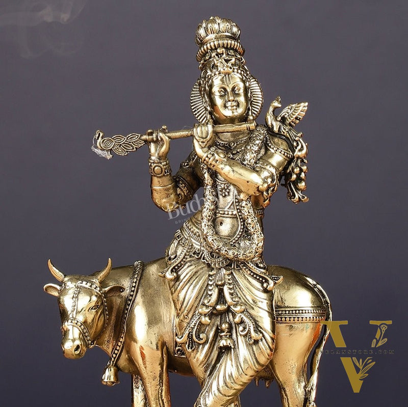 Superfine Brass Intricate Krishna with Cow idol - 7"