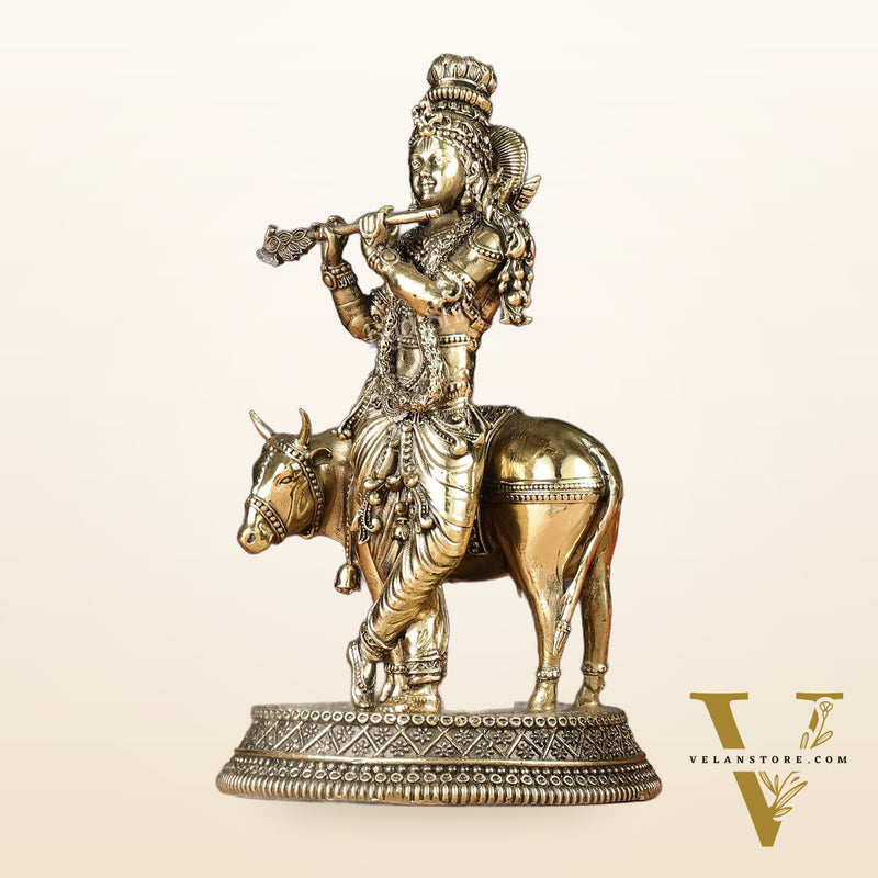 Superfine Brass Intricate Krishna with Cow idol - 7"
