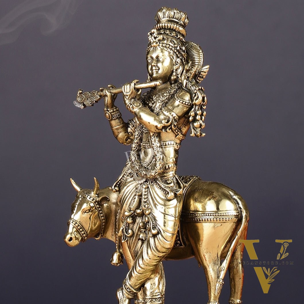 Superfine Brass Intricate Krishna with Cow idol - 7"