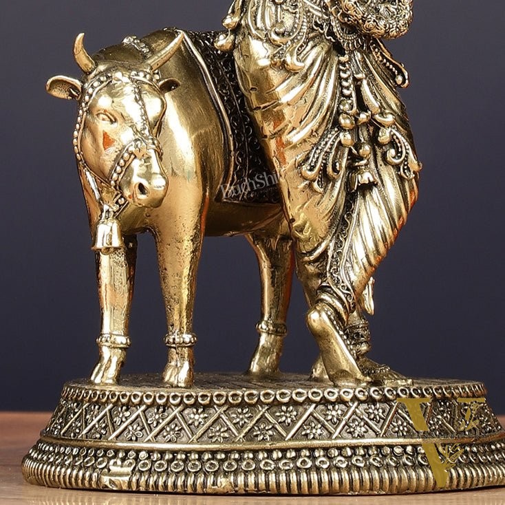Superfine Brass Intricate Krishna with Cow idol - 7"