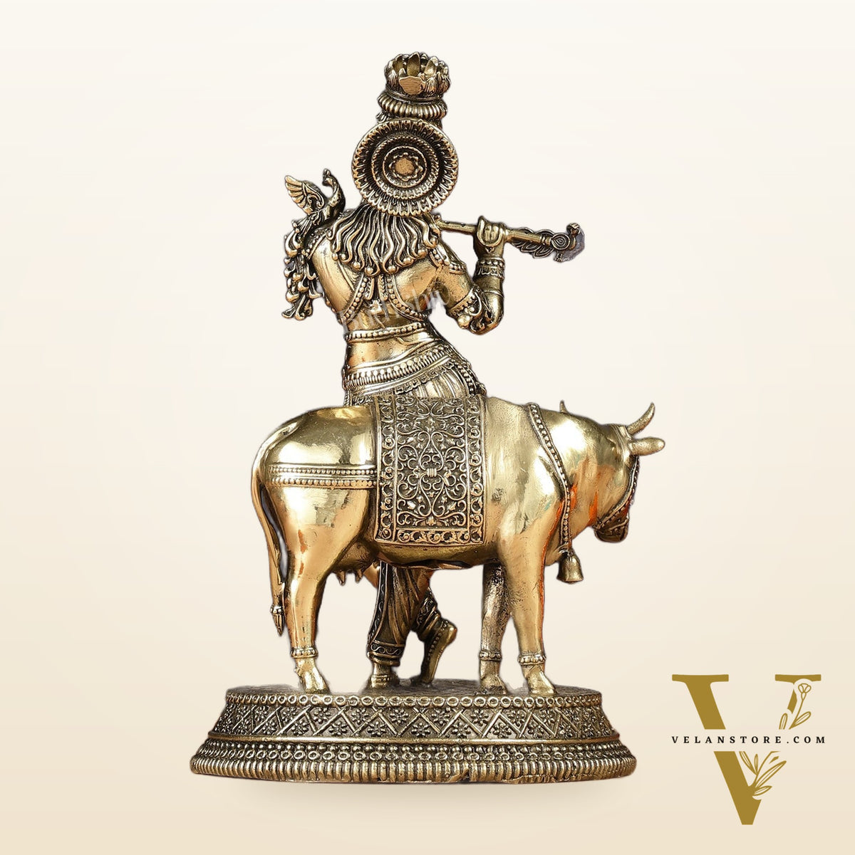 Superfine Brass Intricate Krishna with Cow idol - 7"