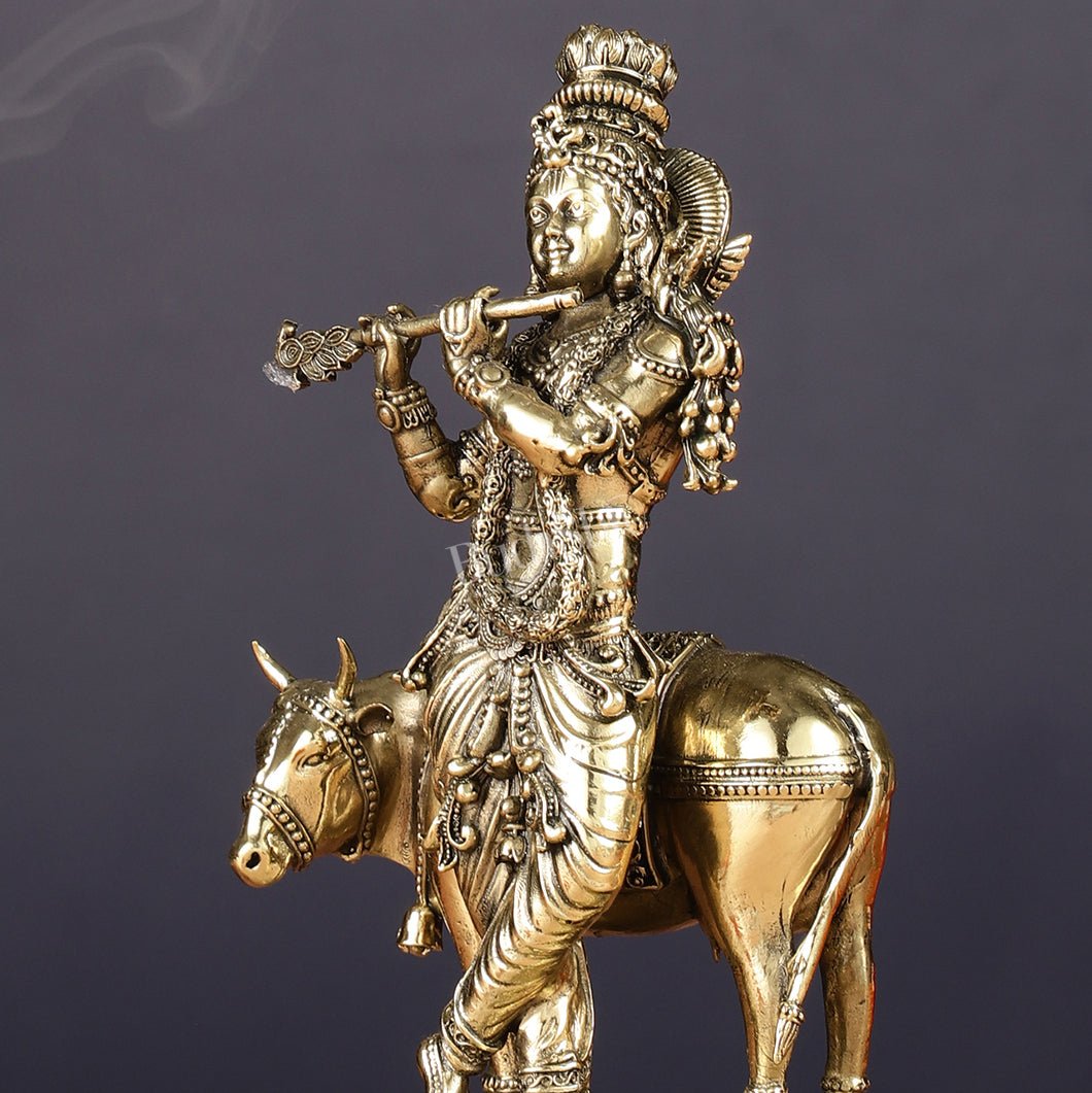 Superfine Brass Intricate Krishna with Cow idol - 7"