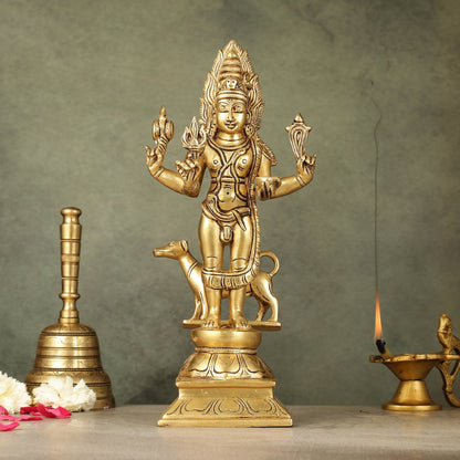 Superfine Brass Kaal Bhairava Bhairo Baba Idol with Dog 12 inch