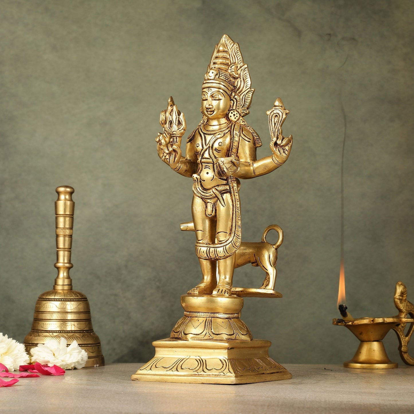 Superfine Brass Kaal Bhairava Bhairo Baba Idol with Dog 12 inch