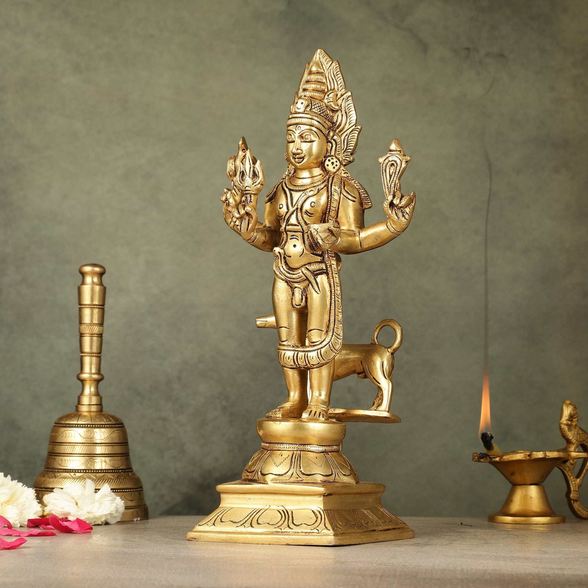 Superfine Brass Kaal Bhairava Bhairo Baba Idol with Dog 12 inch