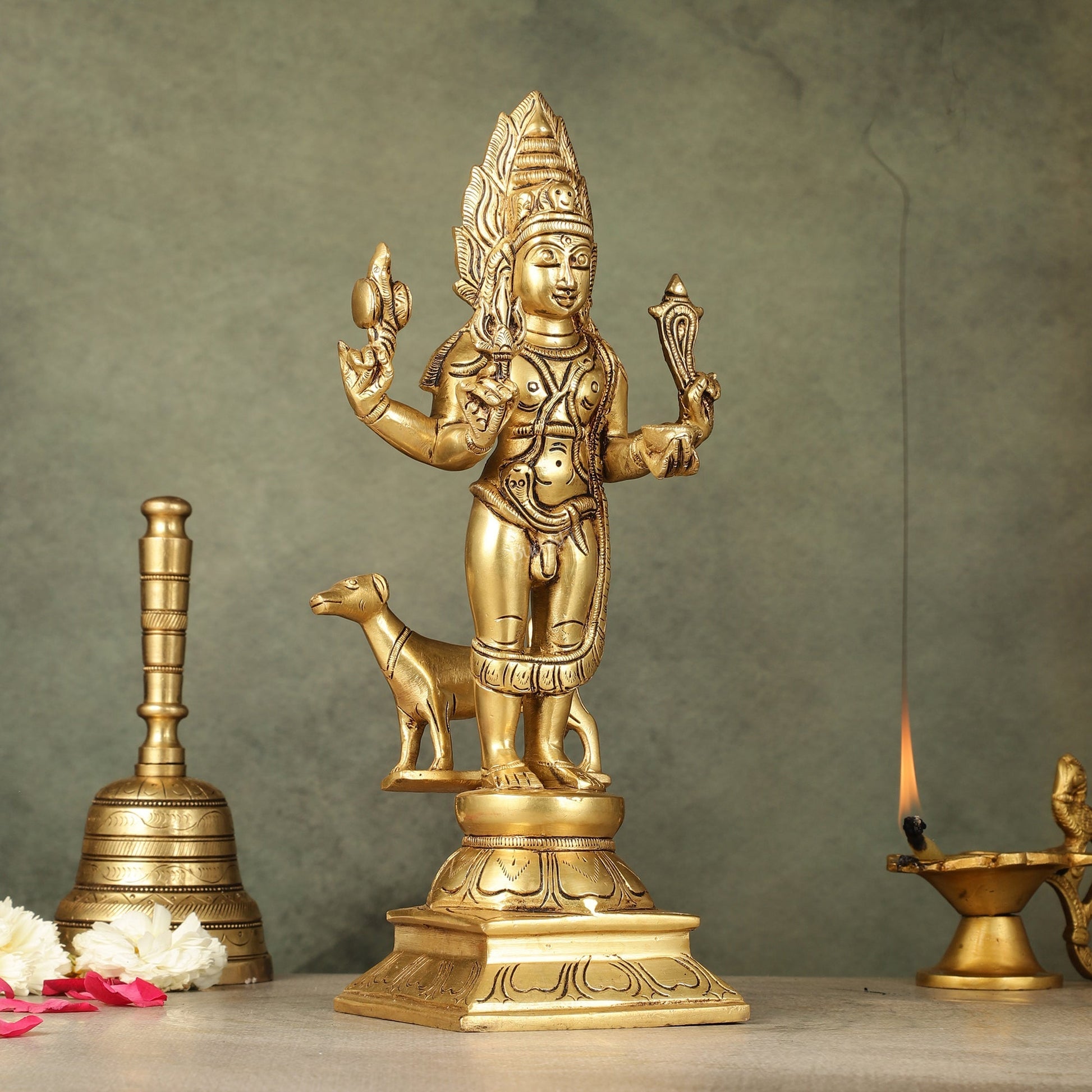 Superfine Brass Kaal Bhairava Bhairo Baba Idol with Dog 12 inch